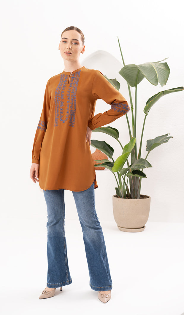 Razia Embroidered Long Modest Tunic - Saffron