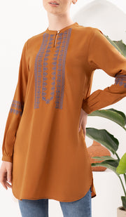 Razia Embroidered Long Modest Tunic - Saffron