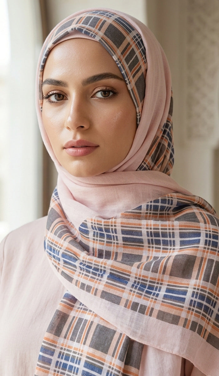 Risa Printed Cotton Non-slip Wrap Hijab Scarf - Pink/Brown/Orange
