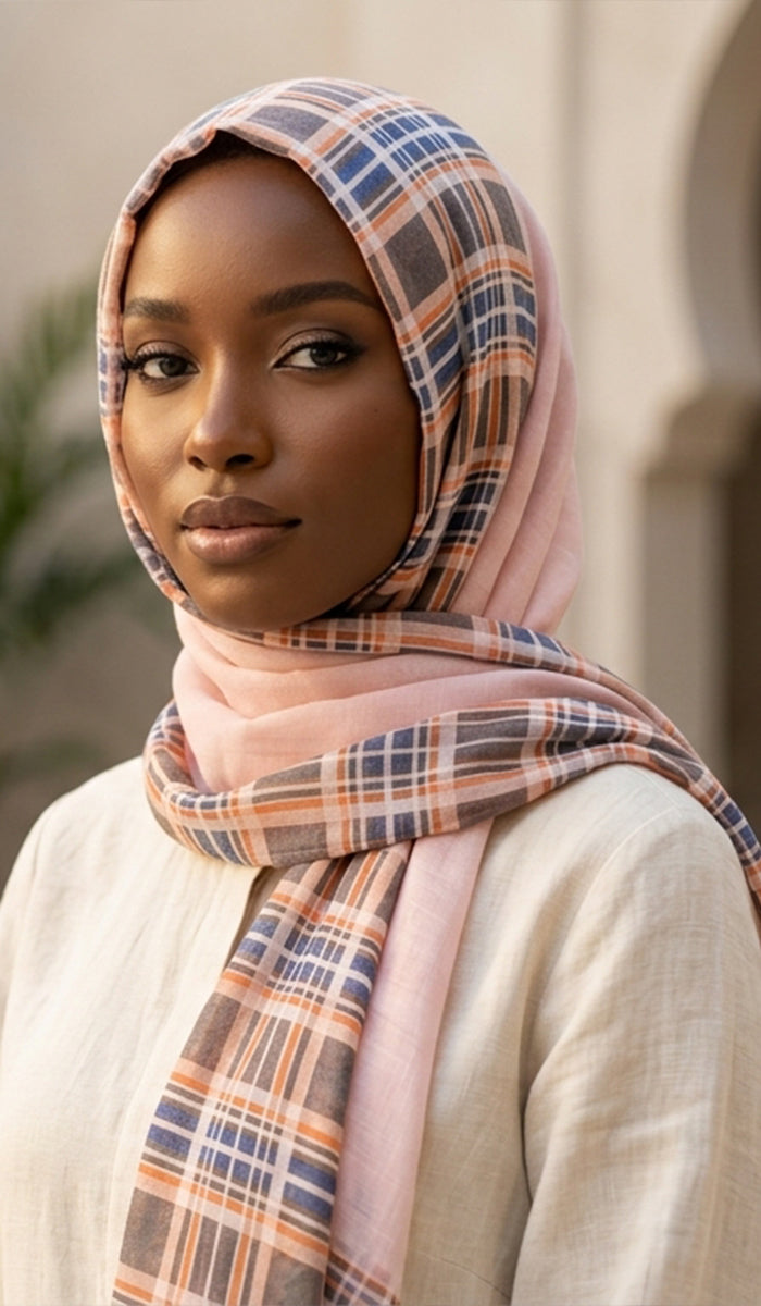Risa Printed Cotton Non-slip Wrap Hijab Scarf - Pink/Brown/Orange