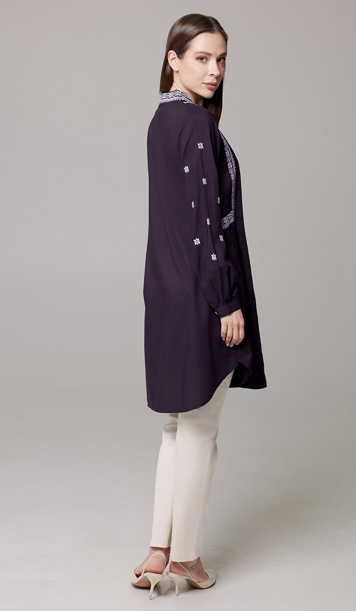Rubab Embroidered Modest Cotton Feel Midi Tunic - Aubergine