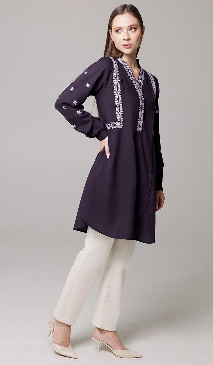 Rubab Embroidered Modest Cotton Feel Midi Tunic - Aubergine