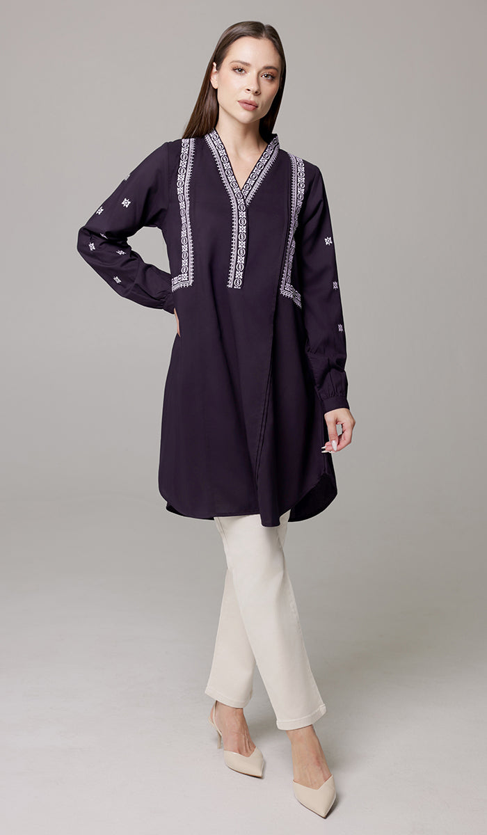 Rubab Embroidered Modest Cotton Feel Midi Tunic - Aubergine