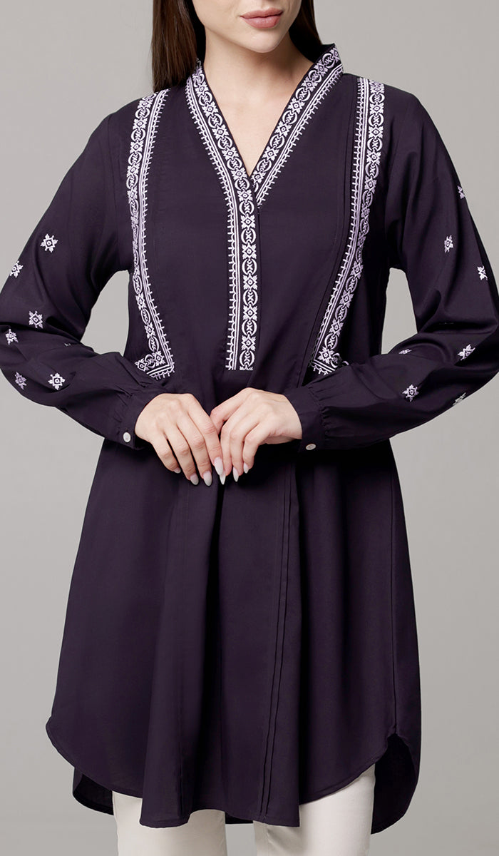 Rubab Embroidered Modest Cotton Feel Midi Tunic - Aubergine