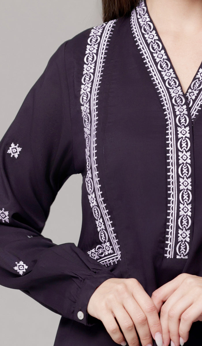 Rubab Embroidered Modest Cotton Feel Midi Tunic - Aubergine
