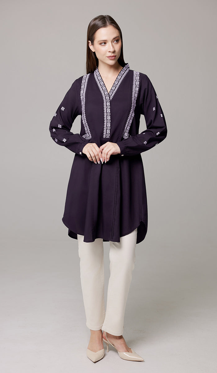 Rubab Embroidered Modest Cotton Feel Midi Tunic - Aubergine