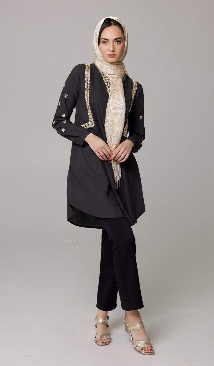 Rubab Embroidered Modest Cotton Feel Midi Tunic - Black/Gold