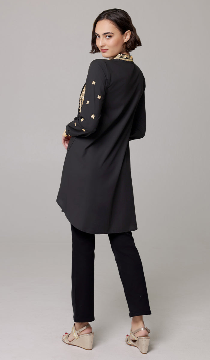 Rubab Embroidered Modest Cotton Feel Midi Tunic - Black/Gold