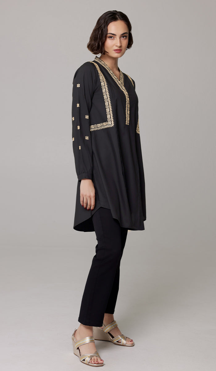 Rubab Embroidered Modest Cotton Feel Midi Tunic - Black/Gold