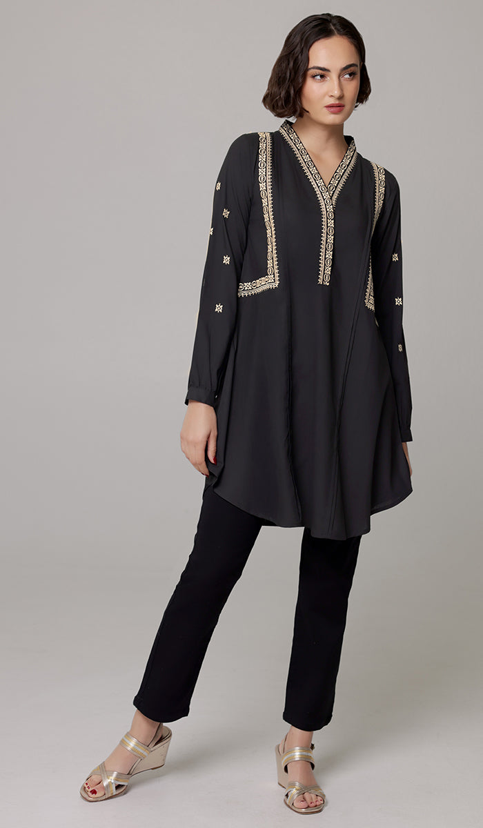 Rubab Embroidered Modest Cotton Feel Midi Tunic - Black/Gold