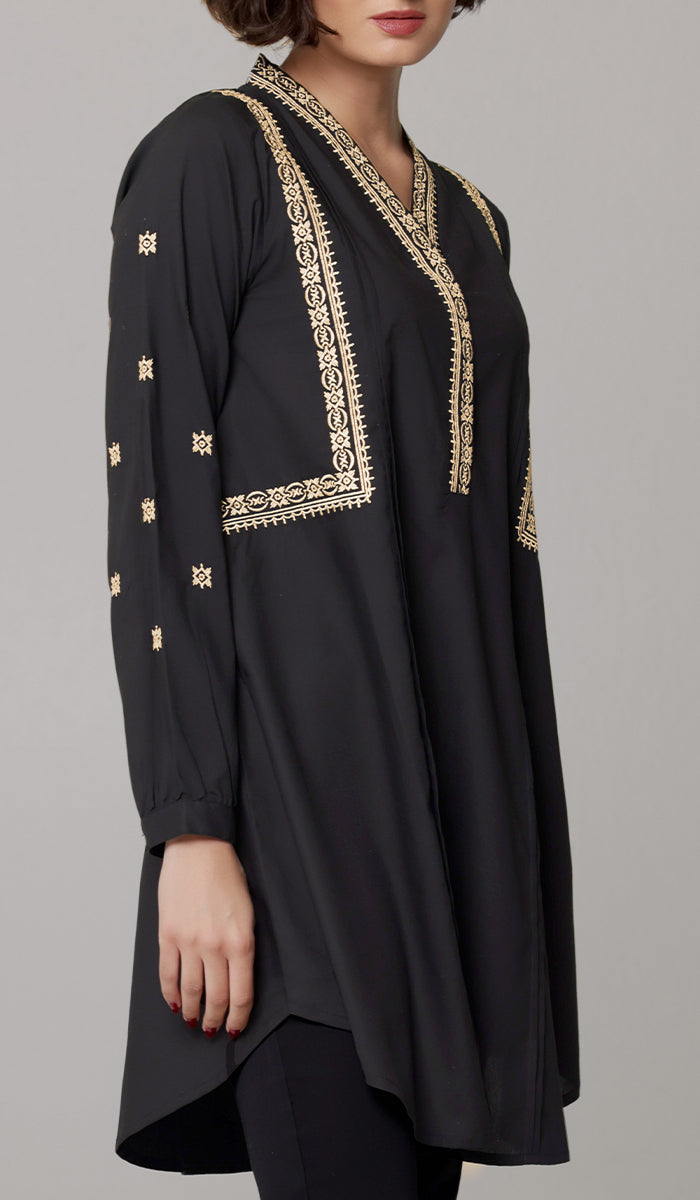 Rubab Embroidered Modest Cotton Feel Midi Tunic - Black/Gold
