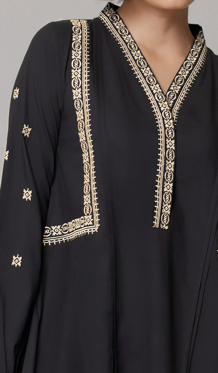 Rubab Embroidered Modest Cotton Feel Midi Tunic - Black/Gold