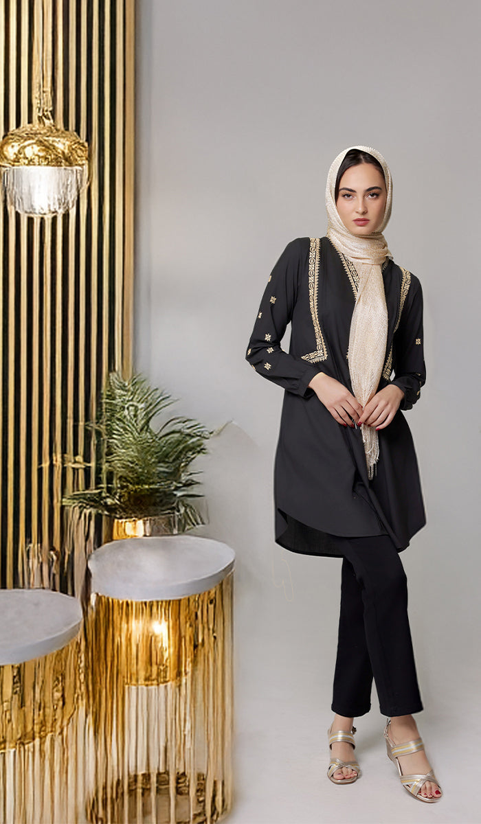 Rubab Embroidered Modest Cotton Feel Midi Tunic - Black/Gold