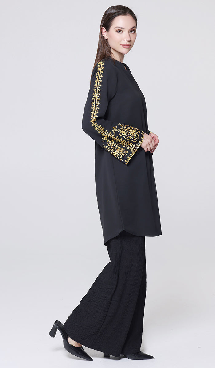 Ruma Embroidered Modest Midi Tunic - Black/Gold