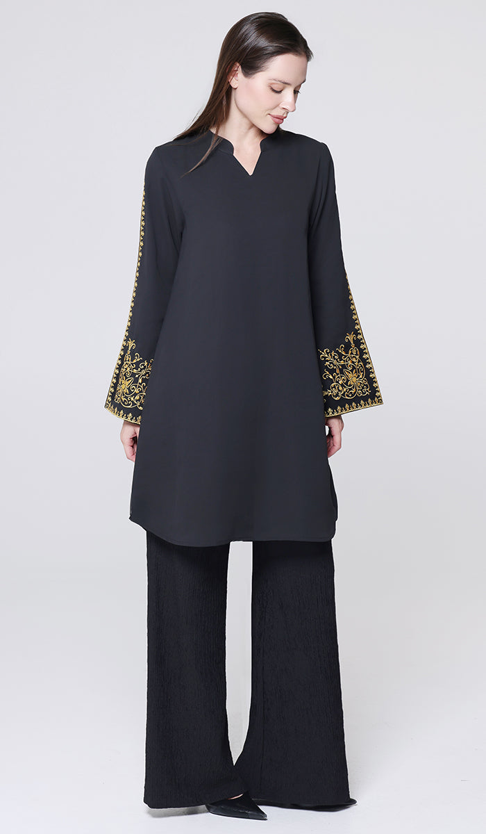 Ruma Embroidered Modest Midi Tunic - Black/Gold