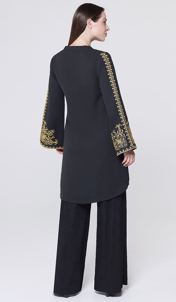 Ruma Embroidered Modest Midi Tunic - Black/Gold