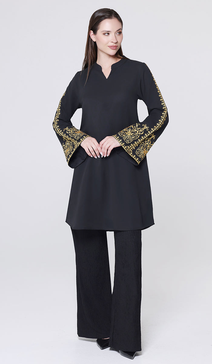 Ruma Embroidered Modest Midi Tunic - Black/Gold