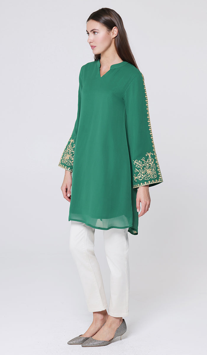 Ruma Embroidered Modest Midi Tunic - Emerald/Gold