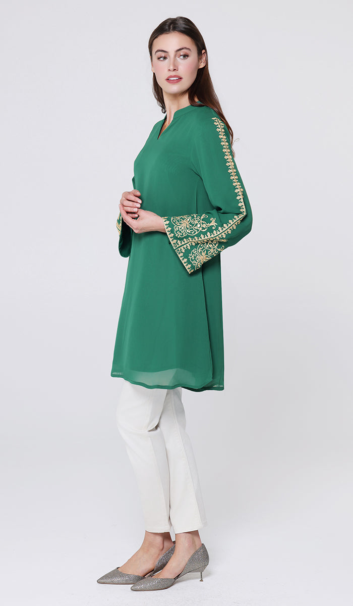 Ruma Embroidered Modest Midi Tunic - Emerald/Gold