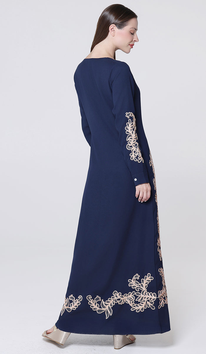 Sabrina Embroidered Modest Long Maxi Dress - Navy