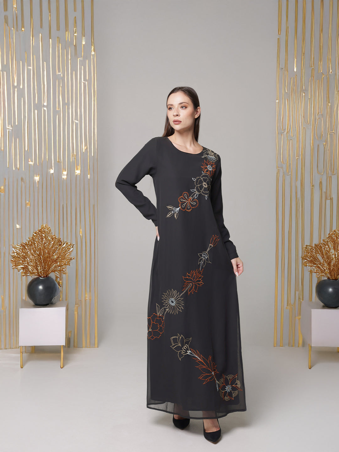 Saman Black Embroidered Chiffon Modest Long Maxi Dress | Modest Muslim Dresses | Artizara ARTIZARA.COM Saman Black Embroidered Chiffon Modest Long Maxi Dress | Modest Muslim Dresses | Artizara ARTIZARA.COM