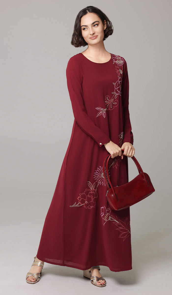 Saman Embroidered Chiffon Modest Long Maxi Dress - Ruby