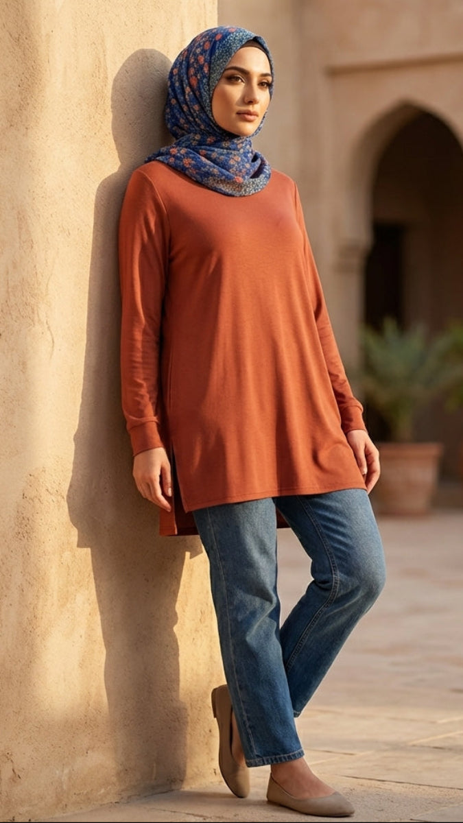 Woman in an orange long-sleeve top and blue jeans standing against a beige wall with arches in the background.