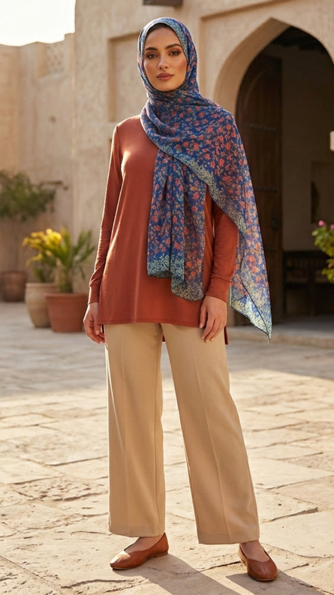 Woman wearing a patterned hijab, red top, and beige pants standing in a sunlit courtyard.