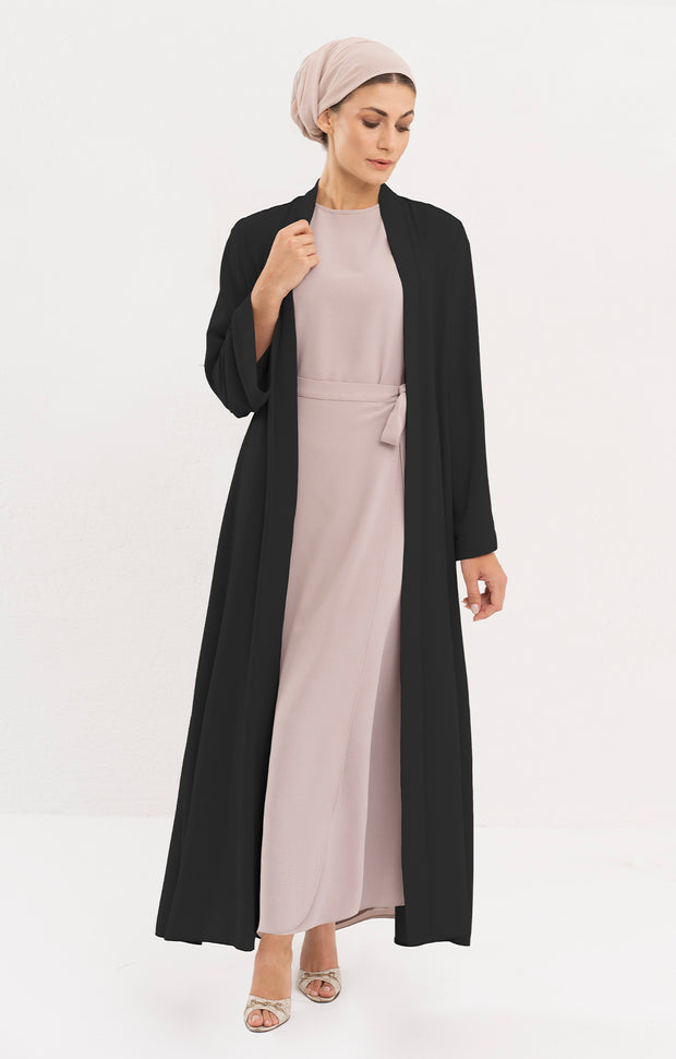 Sebil Modest Long Open Front Duster Jacket - Black