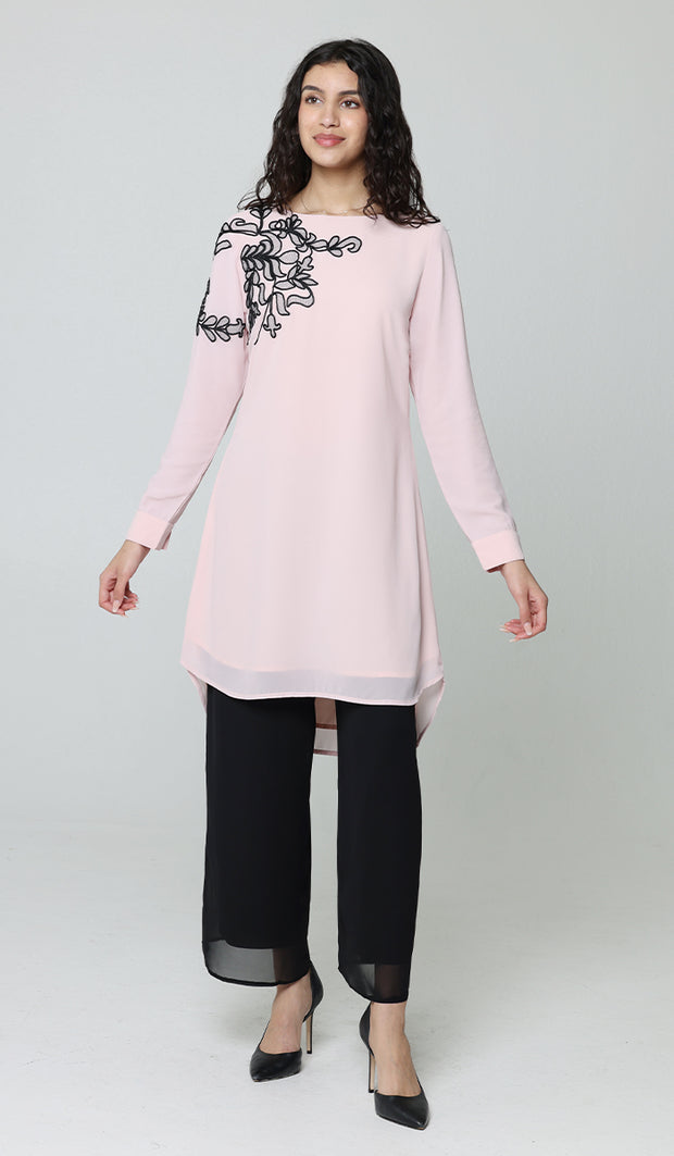 Selena Embroidered Long Modest Tunic - Blush Pink