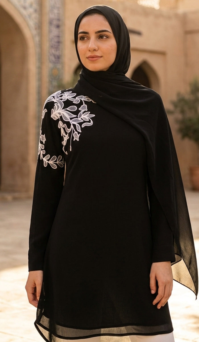 Selena Embroidered Long Modest Tunic - Black