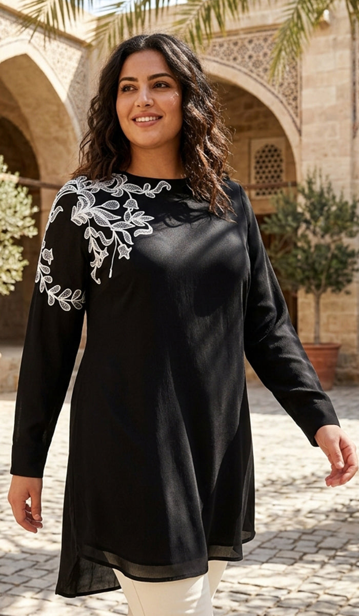 Selena Embroidered Long Modest Tunic - Black