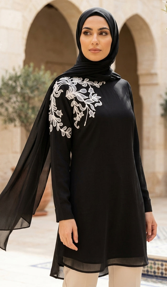 Selena Embroidered Long Modest Tunic - Black