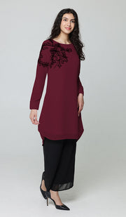 Selena Embroidered Long Modest Tunic - Maroon