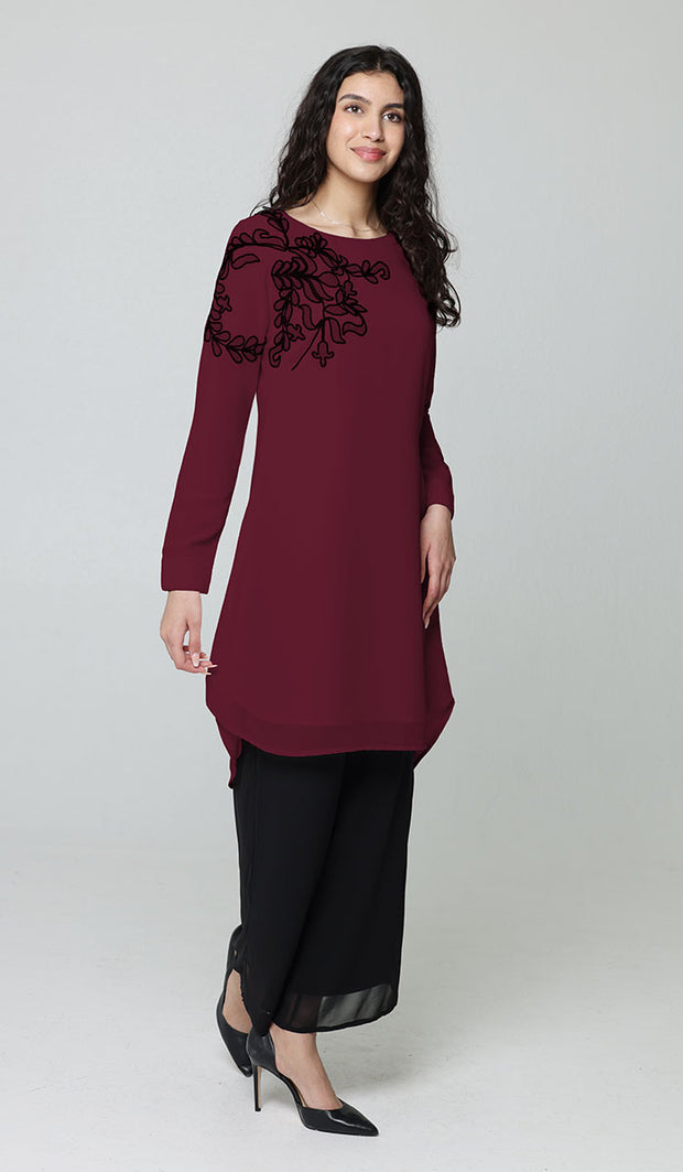 Selena Embroidered Long Modest Tunic - Maroon