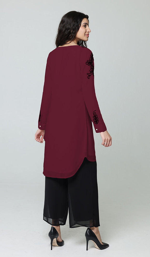 Selena Embroidered Long Modest Tunic - Maroon