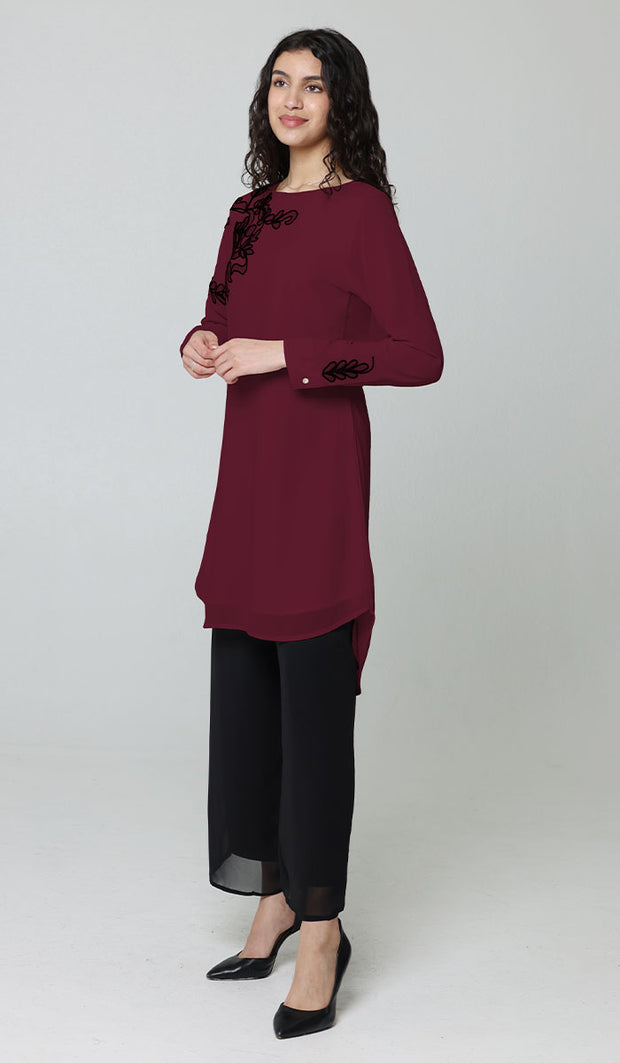 Selena Embroidered Long Modest Tunic - Maroon