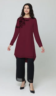 Selena Embroidered Long Modest Tunic - Maroon