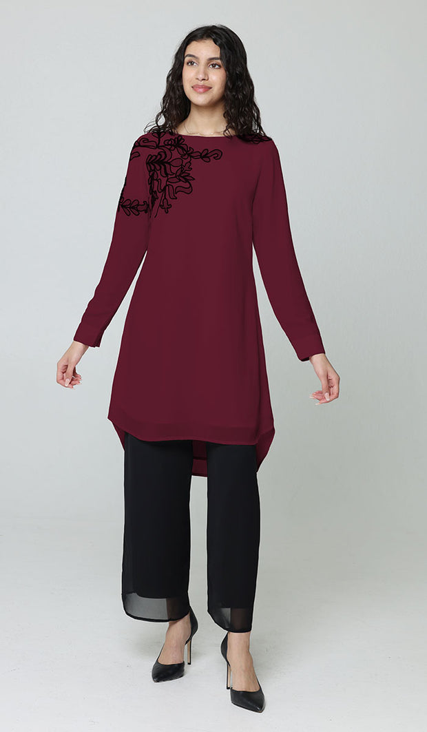 Selena Embroidered Long Modest Tunic - Maroon