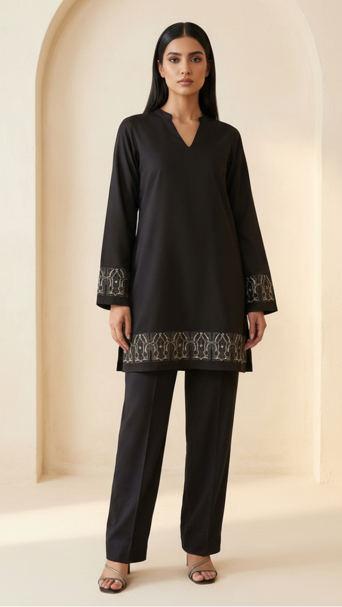 Woman wearing a black outfit with embroidery in a neutral setting
