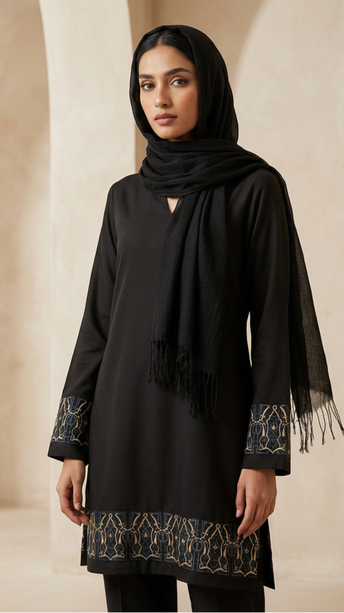 Woman wearing a black dress with intricate embroidery in a beige archway.