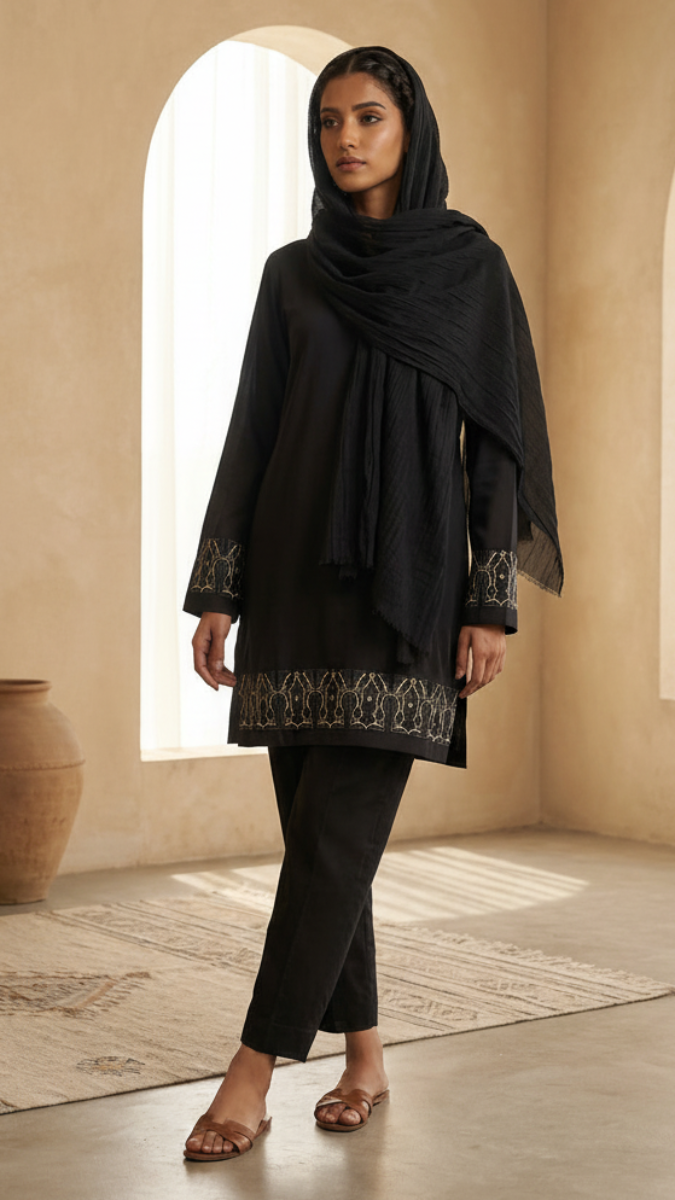 Woman in a black outfit standing in a room with beige walls and arched windows.