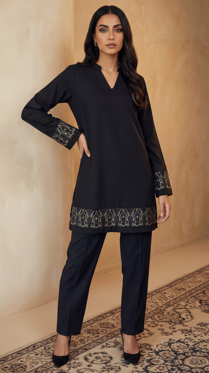 Woman wearing a black outfit with embroidery standing against a beige wall.