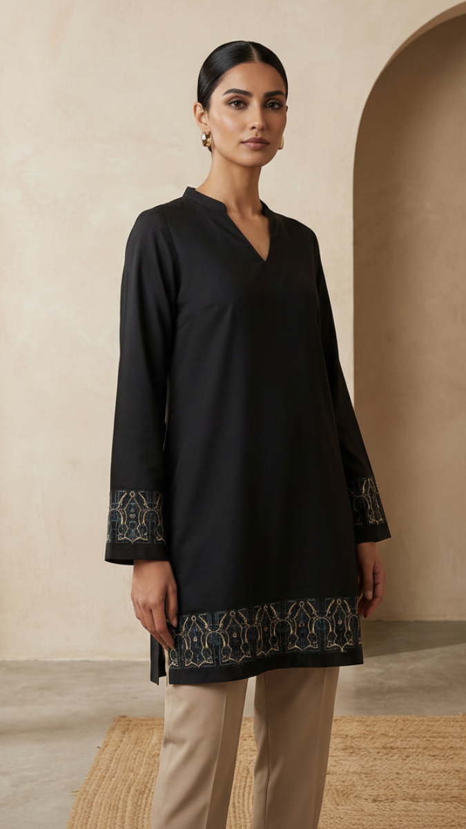 Woman wearing a black long-sleeve top with embroidery and beige pants against a beige wall.