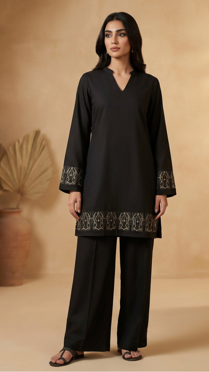 Woman wearing a black outfit with intricate patterns in a warm-toned room.