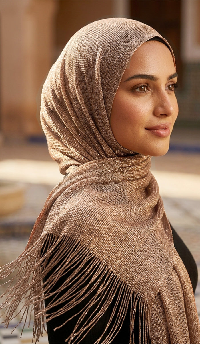 Woman wearing a beige hijab with fringe details, standing outdoors.