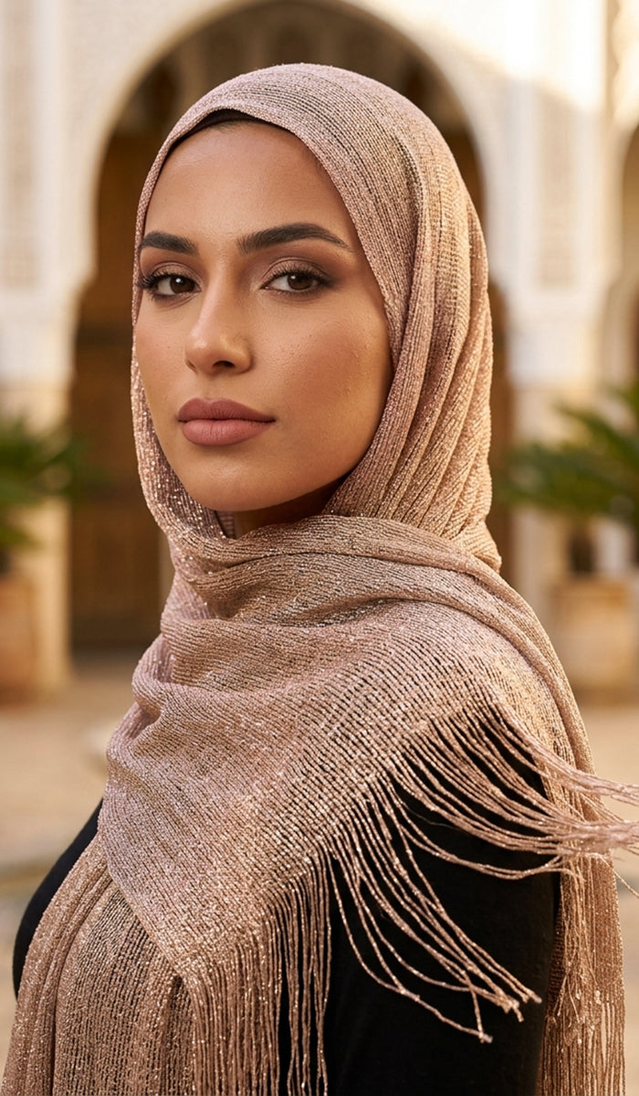 Woman wearing a beige hijab with tassels in an outdoor setting
