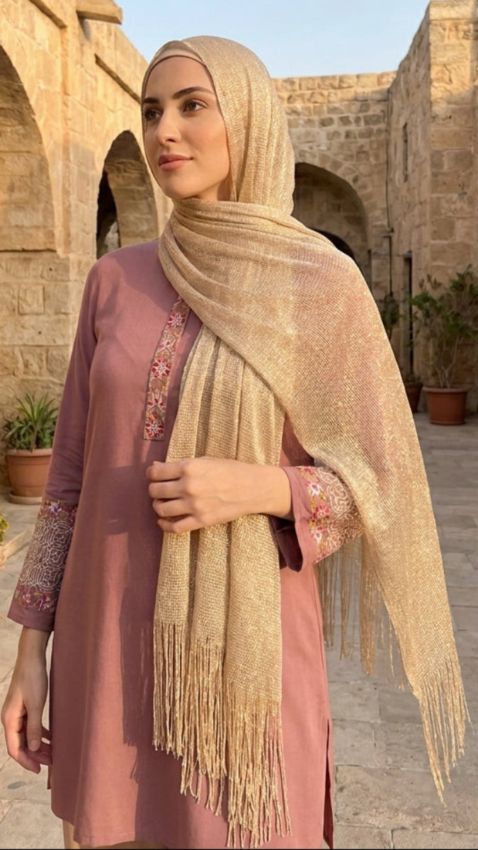 Woman in a pink dress and beige hijab standing in an outdoor stone courtyard.