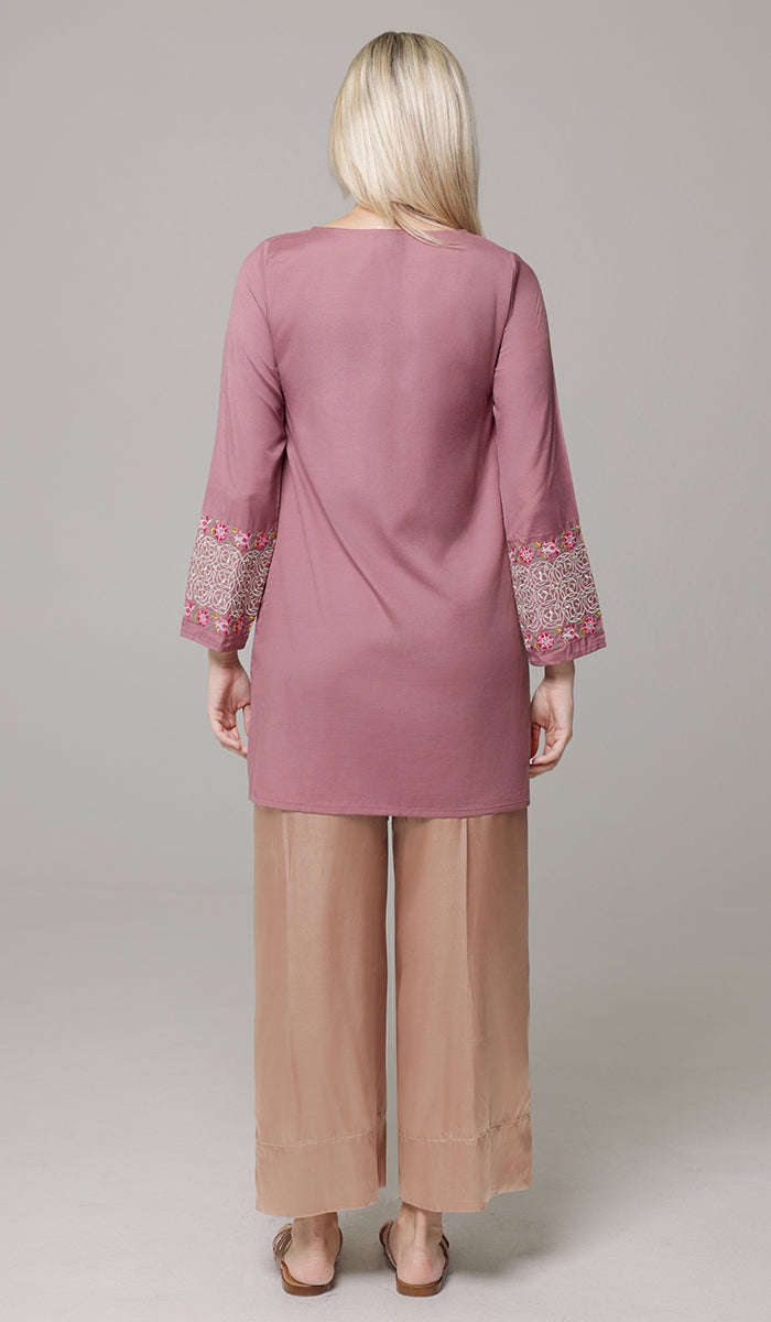 Siyar Embroidered Modest Formal Tunic - Mauve/Gold