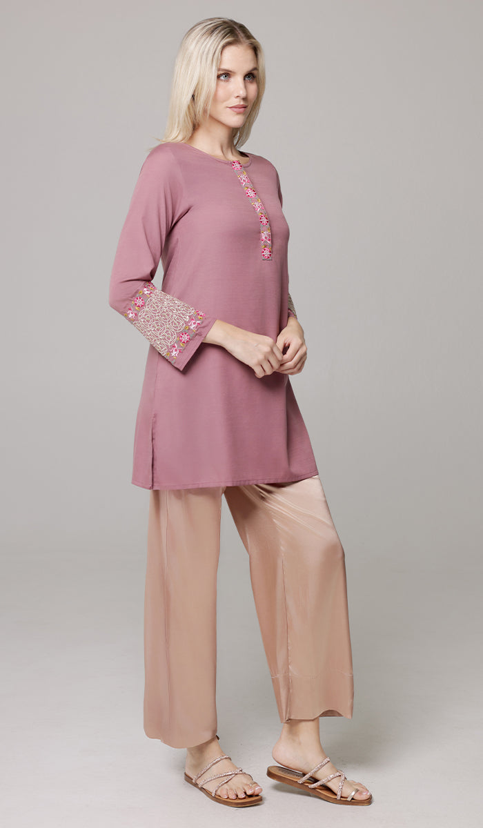 Siyar Embroidered Modest Formal Tunic - Mauve/Gold